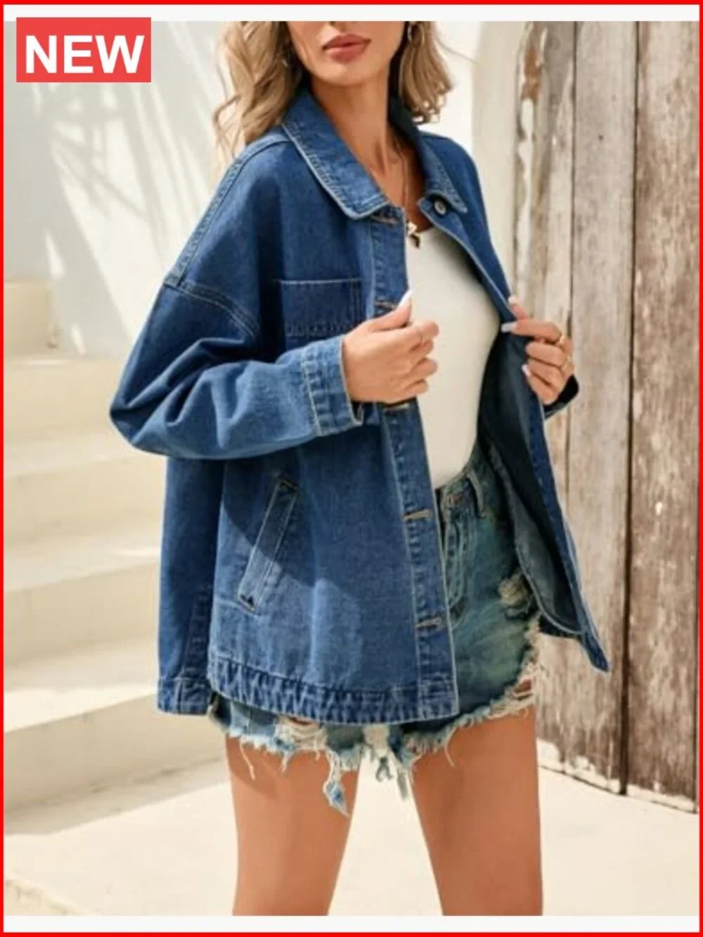 Oversized Denim Jacket Button Down Shacket with Pockets - Picture 5 of 6